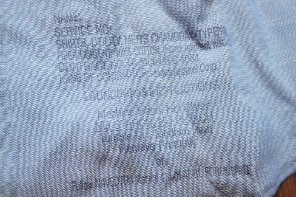 U.S.NAVY Shirt Chambray 100%Cotton 1995年 sizeM new
