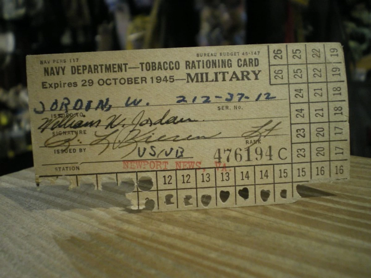 U.S.NAVY TOBACCO RATIONING CARD 1945年